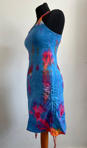 Emma's Emporium cotton lycra tie dye summer dress, super colourful hippie tie dye asymmetric drawstring beach dress, ideal for festival days and all night raves. Available to buy online from Emma's Emporium.