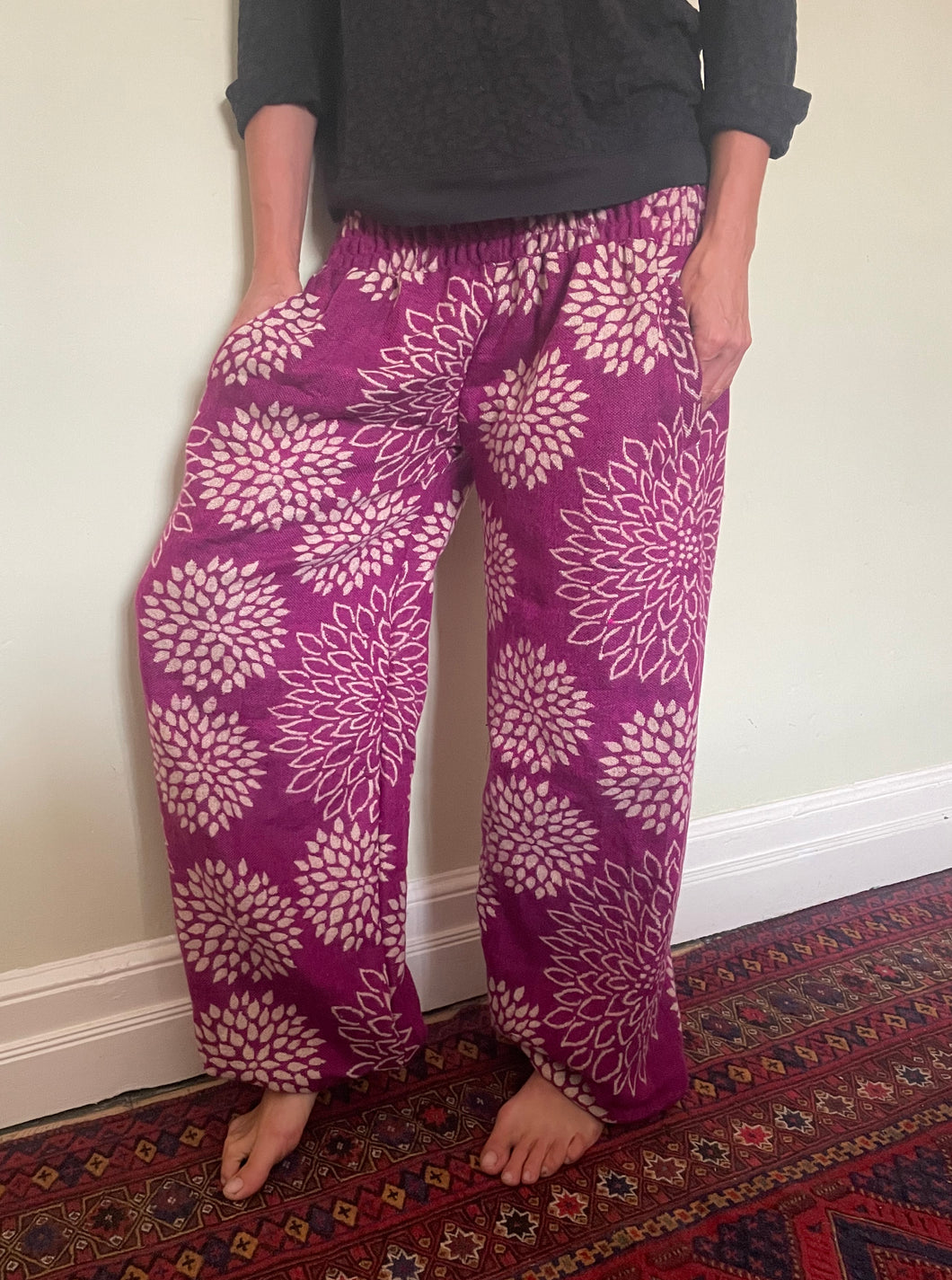 New In! Palazzo Pants! Emma's Emporium fleece genie harem trousers, loose fit warm winter  hippy pants, made from machine washable vegan fleece, in bright flower or paisley design. Slow fashion, ethically sourced hippie festival hippy fashion.