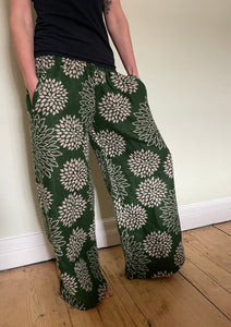 New In! Palazzo Pants! Emma's Emporium fleece genie harem trousers, loose fit warm winter  hippy pants, made from machine washable vegan fleece, in bright flower or paisley design. Slow fashion, ethically sourced hippie festival hippy fashion.