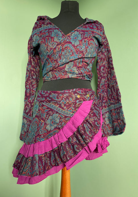 Buy now online from Emma's Emporium. Slow ethical hippy fashion, women's clothing wholesale, festival fashion. Warm winter fleece wrap mini skirt. machine washable vegan fleece, with pure Indian cotton.
