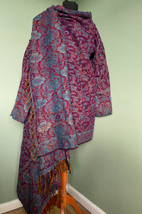 Available to buy online now! Cosy & Warm, Emma's Emporium Autumn Winter wrap blanket cardigan in paisley fleece, machine washable vegan wool.