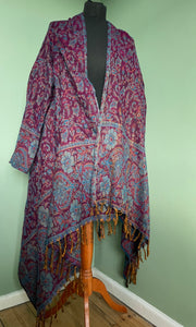 Available to buy online now! Cosy & Warm, Emma's Emporium Autumn Winter wrap blanket cardigan in paisley fleece, machine washable vegan wool.