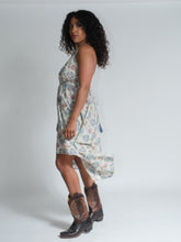 Load image into Gallery viewer, Buy now online, Emma's Emporium lurex cotton floral undress, one size fits all, hippie, boho Indian summer sun dress, women's clothing for festivals, parties and beach holiday.
