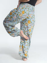 Load image into Gallery viewer, Buy now online! Emma's Emporium relax fit cotton harem genie baggy trouser pant. Floral block print cotton and mixed vibrant colours. Buy Emma's Emporium, slow fashion, ethically sourced, Indian cotton women's summer trouser. Hippie hippy festival alternative clothing.

