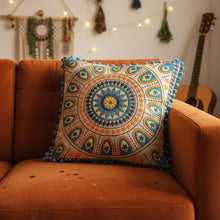 Load image into Gallery viewer, Buy now online from Emma's Emporium ethically sourced clothing and homewares. Hippie hippy boho pom pom cotton mandala cushion cover.
