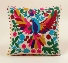 Load image into Gallery viewer, Buy now online, Emma's Emporium embroidered colourful bird design cushion cover, hippie boho home decor range, natural cotton.
