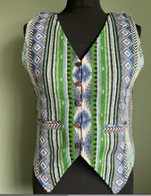 Load image into Gallery viewer, Buy now online from Emma&#39;s Emporium! Colourful geometric jacquard cotton unisex waistcoats, unique ethical hippy fashion!
