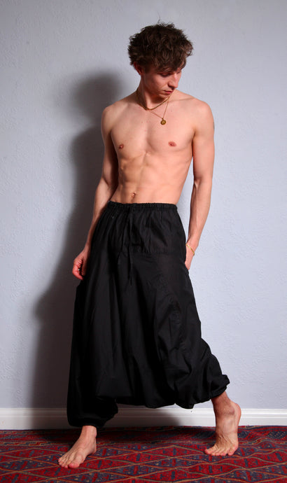 Topless Man. Mens harem afghani Alibaba loose fit trouser, organic cotton, made exclusively for Emma's Emporium to fair-trade standards.