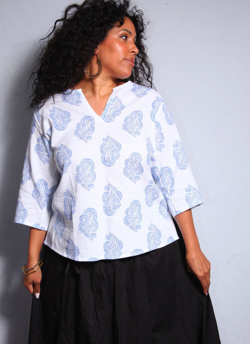 Emma's Emporium Kurta Top, blue and white paisley print cotton.