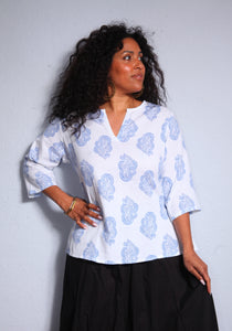 Emma's Emporium Kurta Top, blue and white paisley print cotton.