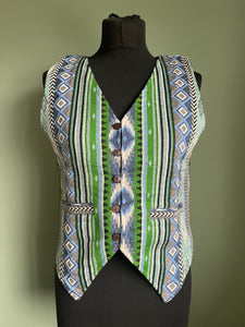 Buy now online from Emma's Emporium! Colourful geometric jacquard cotton unisex waistcoats, unique ethical hippy fashion!