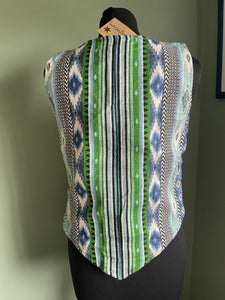 Buy now online from Emma's Emporium! Colourful geometric jacquard cotton unisex waistcoats, unique ethical hippy fashion!