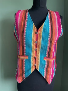 Buy now online from Emma's Emporium! Colourful geometric jacquard cotton unisex waistcoats, unique ethical hippy fashion!