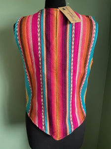 Buy now online from Emma's Emporium! Colourful geometric jacquard cotton unisex waistcoats, unique ethical hippy fashion!