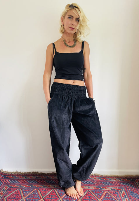 Emma's Emporium chunky cord genie trousers, unisex gender neutral corduroy hippie trousers with pockets