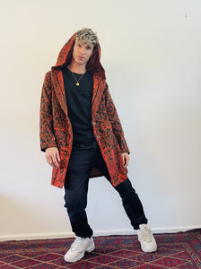 Emma's Emporium soft warm vegan wool unisex gender neutral long jacket cardigans with coconut button fastening, front pockets and oversized hood. Buy now from Emma's Emporium online shop for men and women's hippie festival clothing and gifts.