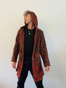 Emma's Emporium soft warm vegan wool unisex gender neutral long jacket cardigans with coconut button fastening, front pockets and oversized hood. Buy now from Emma's Emporium online shop for men and women's hippie festival clothing and gifts.