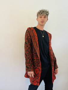 Emma's Emporium soft warm vegan wool unisex gender neutral long jacket cardigans with coconut button fastening, front pockets and oversized hood. Buy now from Emma's Emporium online shop for men and women's hippie festival clothing and gifts.