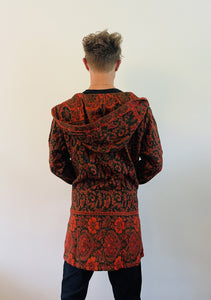 Emma's Emporium soft warm vegan wool unisex gender neutral long jacket cardigans with coconut button fastening, front pockets and oversized hood. Buy now from Emma's Emporium online shop for men and women's hippie festival clothing and gifts.