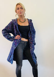 Emma's Emporium soft warm vegan wool unisex gender neutral long jacket cardigans with coconut button fastening, front pockets and oversized hood. Buy now from Emma's Emporium online shop for men and women's hippie festival clothing and gifts.