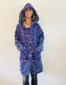 Emma's Emporium soft warm vegan wool unisex gender neutral long jacket cardigans with coconut button fastening, front pockets and oversized hood. Buy now from Emma's Emporium online shop for men and women's hippie festival clothing and gifts.