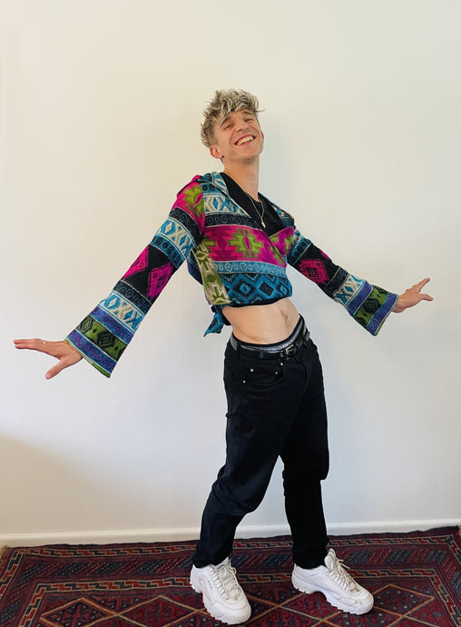 Emma's Emporium unisex gender neutral vegan friendly acrylic hooded pixie tie top, warm fleece winter hippie flared sleeve fair-trade pixie hood top.