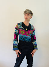 Load image into Gallery viewer, Emma&#39;s Emporium unisex gender neutral vegan friendly acrylic hooded pixie tie top, warm fleece winter hippie flared sleeve fair-trade pixie hood top.
