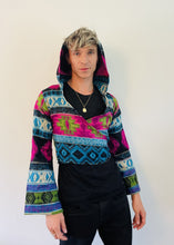 Load image into Gallery viewer, Emma&#39;s Emporium unisex gender neutral vegan friendly acrylic hooded pixie tie top, warm fleece winter hippie flared sleeve fair-trade pixie hood top.
