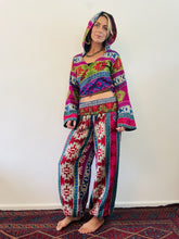 Load image into Gallery viewer, Emma&#39;s Emporium unisex gender neutral vegan friendly acrylic hooded pixie tie top, warm fleece winter hippie flared sleeve fair-trade pixie hood top.
