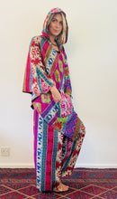Load image into Gallery viewer, Colourful geometric fleecy warm hippie fair-trade poncho, with front pocket, unisex gender neutral clothing made from vegan wool.
