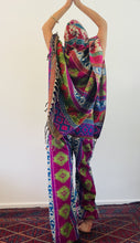 Load image into Gallery viewer, Colourful geometric fleecy warm hippie fair-trade poncho, with front pocket, unisex gender neutral clothing made from vegan wool.
