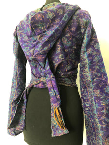 Emma's Emporium ethical global fashion. boho style pixie wrap top. Crop top cardi in paisley pattern with hood and trumpet sleeves.