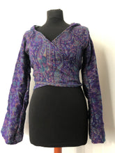 Load image into Gallery viewer, Emma&#39;s Emporium ethical global fashion. boho style pixie wrap top. Crop top cardi in paisley pattern with hood and trumpet sleeves.
