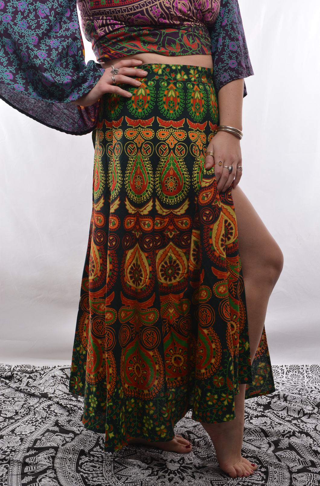 Emma's Emporium, available to buy online buy now, full length wrap around peacock print cotton maxi skirts.