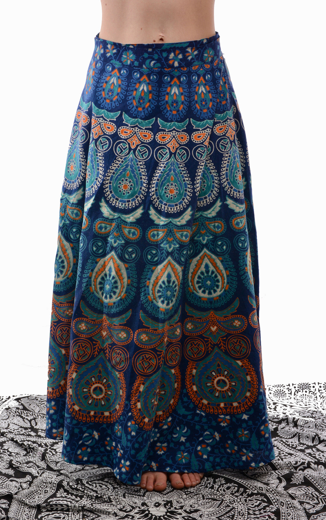 Emma's Emporium, available to buy online buy now, full length wrap around peacock print cotton maxi skirts.