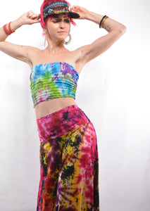 Tie Dye Palazzo trousers, buy now from Emma's Emporium, tie dye rayon palazzo flare trousers, hippy tie dye festival fashion!