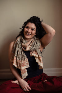 buy now online from Emma's Emporium. close up of natural hand block printed cotton summer scarf of sarong.