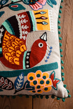 Load image into Gallery viewer, New in stock at Emma&#39;s Emporium. Mexican folk art inspired colourful bird and flower embroidered cushion cover, extra large size; unusual design the perfect addition to any boho or eclectic home. Buy online now from Emma&#39;s Emporium bohemian and hippy home wares and clothing.
