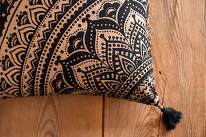 Mandala Printed Cushion Covers with tassel corners  Beautiful Indian mandala design cushion covers, printed in bold metallic Gold on Black, White or Navy background.  Size: 16” x 16” (40 x 40 cm)  Material: Cotton  Made in Rajasthan, India