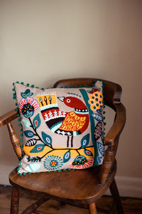 New in stock at Emma's Emporium. Mexican folk art inspired colourful bird and flower embroidered cushion cover, extra large size; unusual design the perfect addition to any boho or eclectic home. Buy online now from Emma's Emporium bohemian and hippy home wares and clothing.