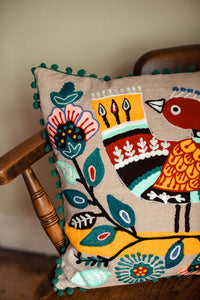 New in stock at Emma's Emporium. Mexican folk art inspired colourful bird and flower embroidered cushion cover, extra large size; unusual design the perfect addition to any boho or eclectic home. Buy online now from Emma's Emporium bohemian and hippy home wares and clothing.