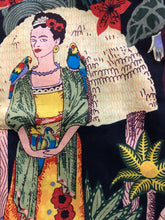 Load image into Gallery viewer, Frida Kahlo print cotton close up. Buy no online from Emma's Emporium clothing and gifts! Full length pure cotton Frida Kahlo inspired kimono style dressing gown, now available in White, Blue, Purple, Black and Green!
