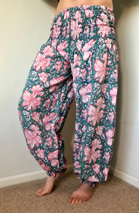 Floral cotton summer genie trousers. Indian bock print boho hippy pants.