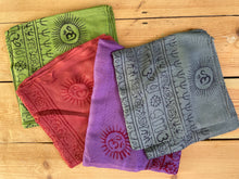 Load image into Gallery viewer, Emma&#39;s Emporium Indian Lightweight Summer Sarong Scarves, large loose shawls for sunny spring days, perfect beach coverup, colourful and printed with OM symbols. Emma&#39;s Emporium alternative Festival and Hippy Women&#39;s Clothing, accessories and Boho homewares and Gifts. Rayon Hippie Scarf, Shawl, Sarong.
