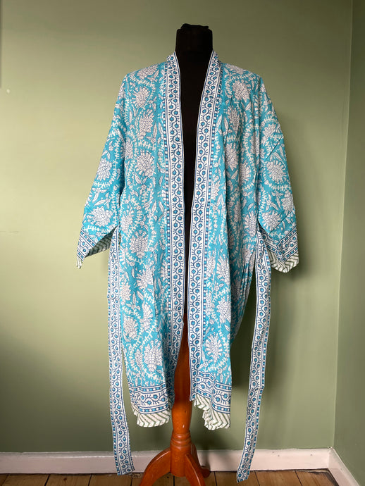 Emma's Emporium block print cotton kimono, summer dressing gown, printed with traditional Indian floral designs on 100% cotton. Visit Emma's Emporium website to buy online alternative, hippy, festival, ethically sourced, women's clothing, accessories, gifts and boho homeware and soft furnishings. Visit Emma's Emporium Hippy festival eclectic boho online shop today. 