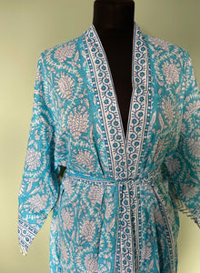 Emma's Emporium block print cotton kimono, summer dressing gown, printed with traditional Indian floral designs on 100% cotton. Visit Emma's Emporium website to buy online alternative, hippy, festival, ethically sourced, women's clothing, accessories, gifts and boho homeware and soft furnishings. Visit Emma's Emporium Hippy festival eclectic boho online shop today.
