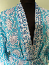Load image into Gallery viewer, Emma&#39;s Emporium block print cotton kimono, summer dressing gown, printed with traditional Indian floral designs on 100% cotton. Visit Emma&#39;s Emporium website to buy online alternative, hippy, festival, ethically sourced, women&#39;s clothing, accessories, gifts and boho homeware and soft furnishings. Visit Emma&#39;s Emporium Hippy festival eclectic boho online shop today.
