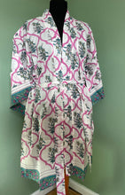 Load image into Gallery viewer, Emma&#39;s Emporium block print cotton kimono, summer dressing gown, printed with traditional Indian floral designs on 100% cotton. Visit Emma&#39;s Emporium website to buy online alternative, hippy, festival, ethically sourced, women&#39;s clothing, accessories, gifts and boho homeware and soft furnishings. Visit Emma&#39;s Emporium Hippy festival eclectic boho online shop today.
