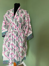 Load image into Gallery viewer, Emma&#39;s Emporium block print cotton kimono, summer dressing gown, printed with traditional Indian floral designs on 100% cotton. Visit Emma&#39;s Emporium website to buy online alternative, hippy, festival, ethically sourced, women&#39;s clothing, accessories, gifts and boho homeware and soft furnishings. Visit Emma&#39;s Emporium Hippy festival eclectic boho online shop today.
