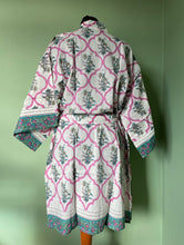 Load image into Gallery viewer, Emma&#39;s Emporium block print cotton kimono, summer dressing gown, printed with traditional Indian floral designs on 100% cotton. Visit Emma&#39;s Emporium website to buy online alternative, hippy, festival, ethically sourced, women&#39;s clothing, accessories, gifts and boho homeware and soft furnishings. Visit Emma&#39;s Emporium Hippy festival eclectic boho online shop today.

